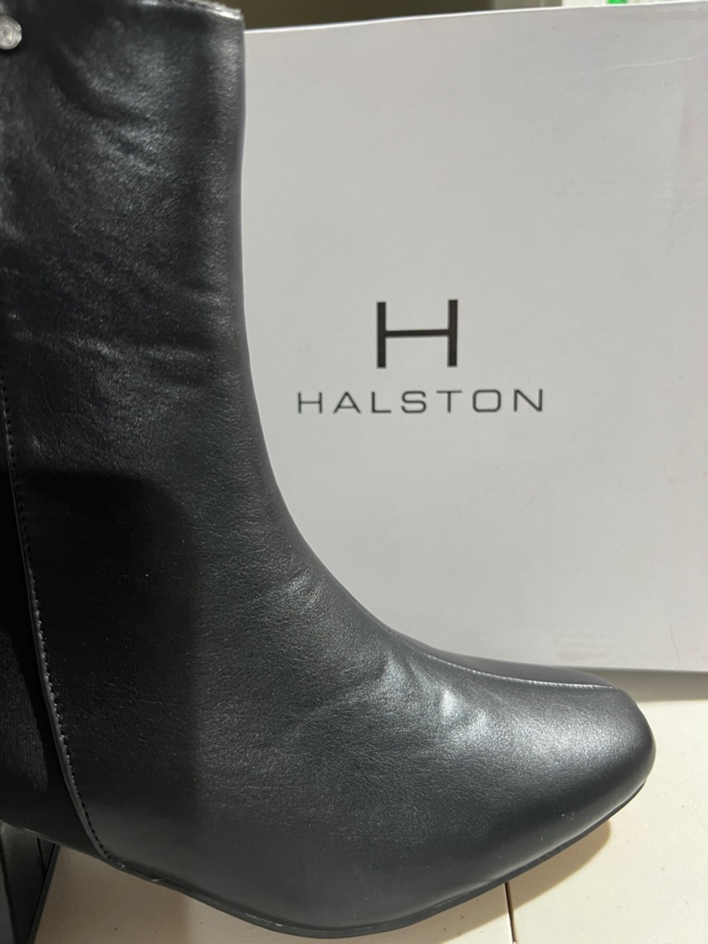 Halston Heritage Black Leather Pointed Toe Ankle Boots with Block Heel